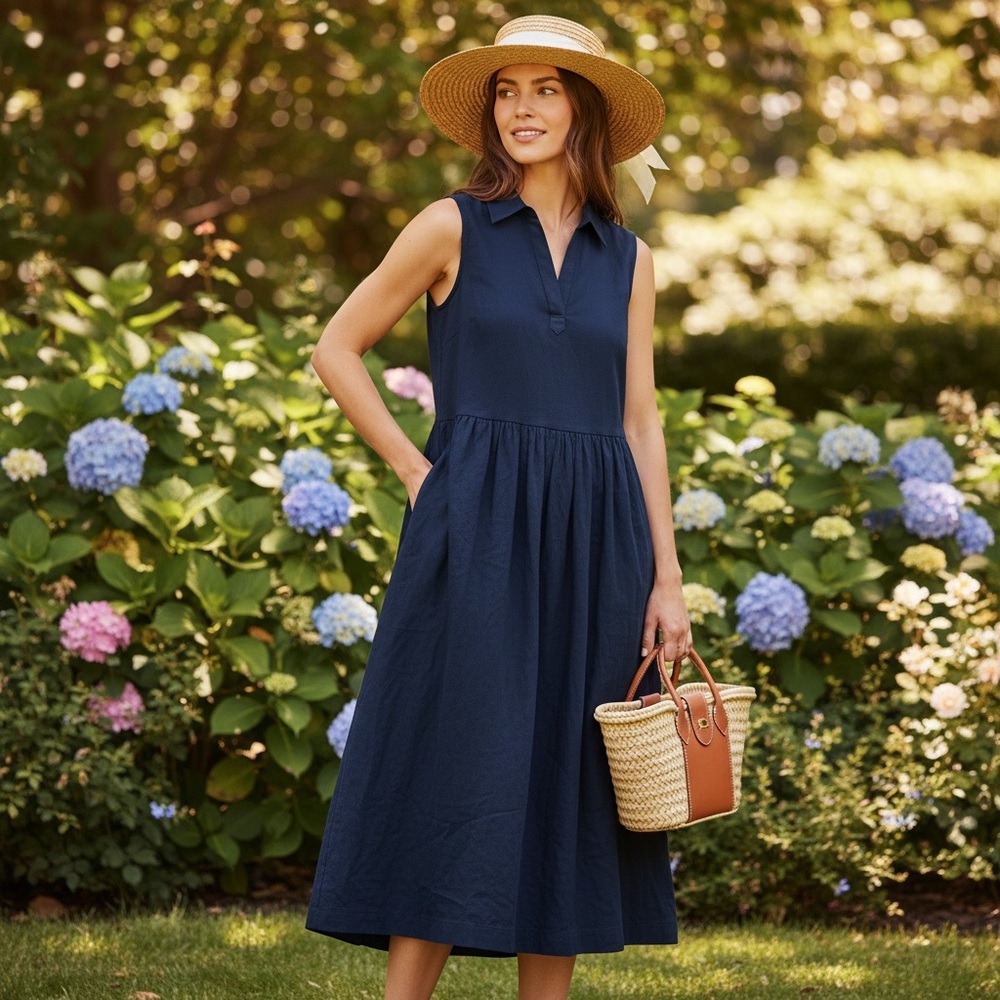Wenrine Sleeveless Midi Dress Small Navy Blue Pocket V-Neck‎ Casual Summer NWT